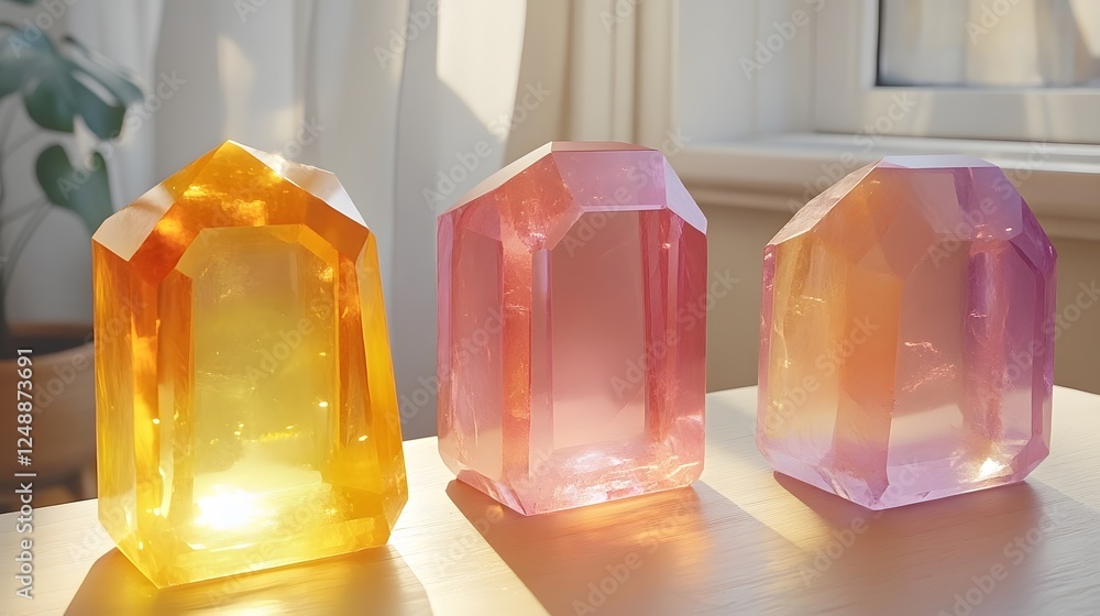 Poster polyhedral shapes three-dimensional crystal models showcasing vibrant colors unique designs and arti
