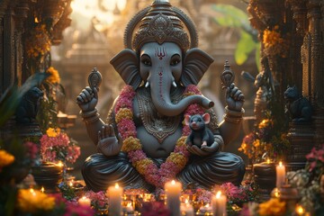 Fototapeta premium Ganesha statue temple candles flowers India