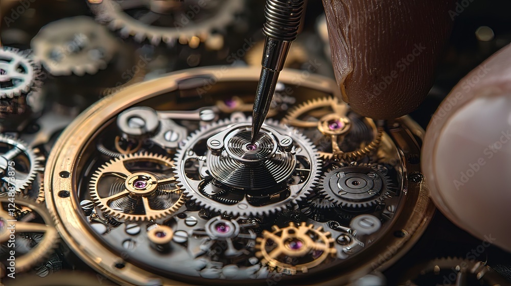 Aufkleber detailed view of a watchmaker's hand meticulously adjusting a tiny gear within a complex clock mecha