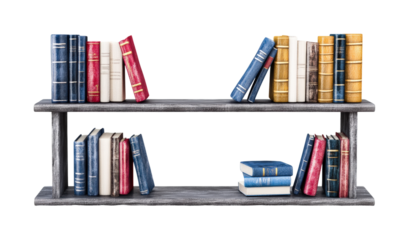 Indoor library shelves with vintage literature isolated on transparent background