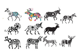 A collection animal silhouettes, each showcasing a different artistic pattern style, such as tribal, floral, and geometric. The bold vector symmetrical
