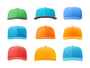 Colorful caps display studio product trendy isolated on transparent background