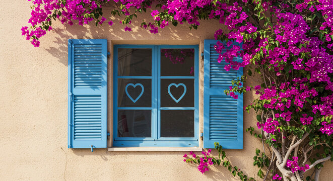 A window with blue shutters and heart-shaped cutouts, adorned with vibrant pink bougainvillea, against a textured wall, creates a Mediterranean atmosphere