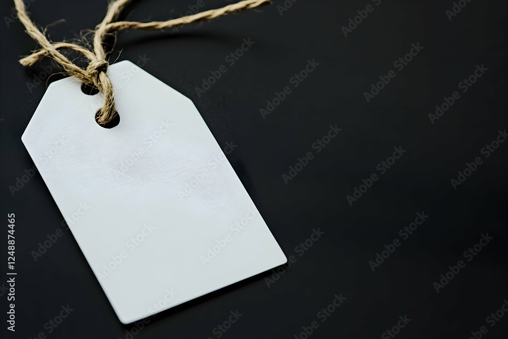 Poster clean simplicity, a white tag with a rustic string against a dark backdrop offering versatile space 