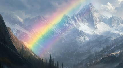 Majestic snow-covered mountains kissed by the vibrant colors of a rainbow