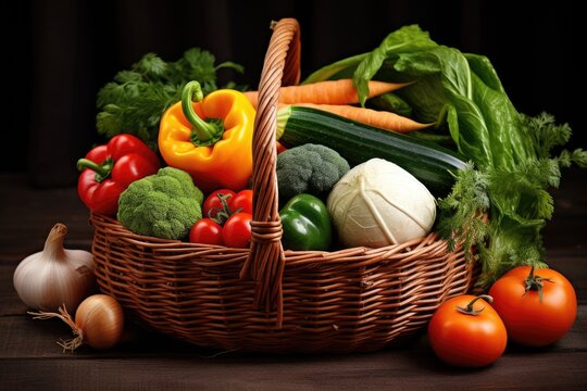 Organic produce in a wicker basket white background