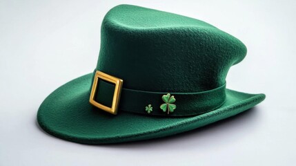 Brightly colored green hat with bold golden buckle and a small clover charm