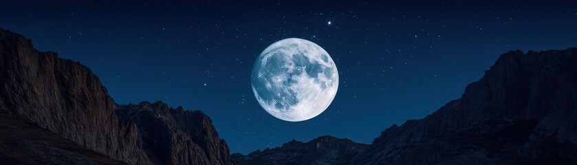 Fototapeta premium A stunning full moon illuminates a serene mountain landscape under a clear night sky, creating a tranquil atmosphere.