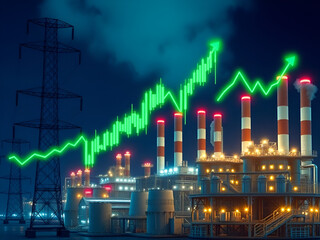 Futuristic Digital Stock Growth Chart Over Industrial Power Plant at Night