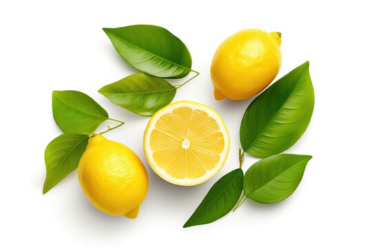 Organic yellow lemon with slice green leaves isolated on white Top view Flat lay
