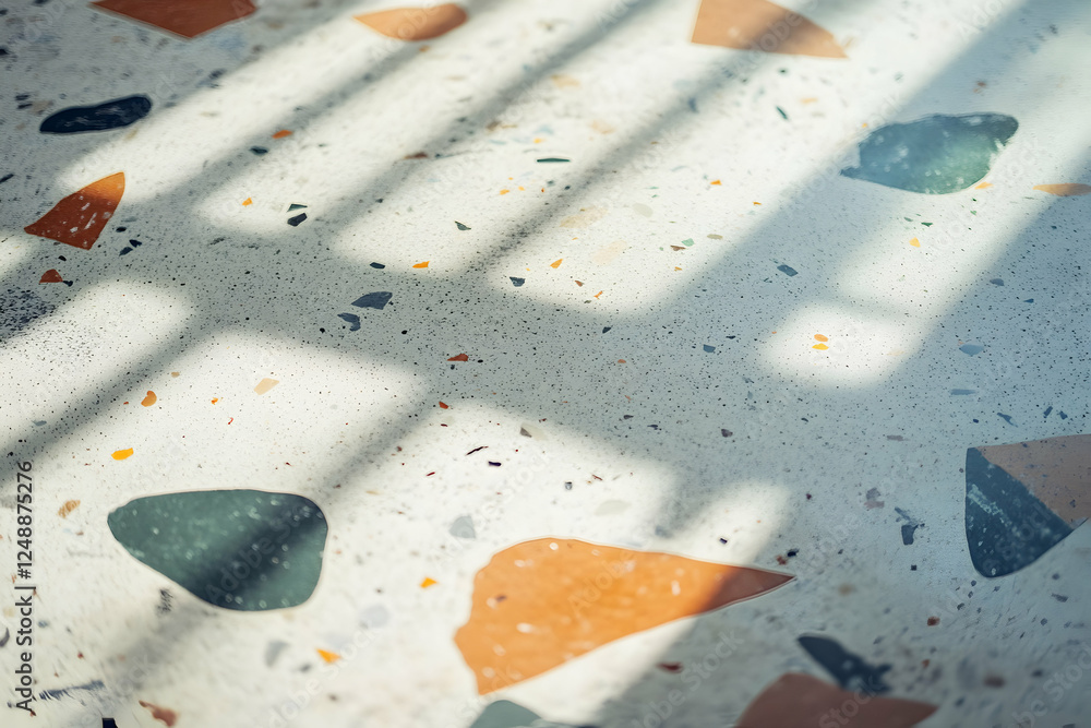 Poster sun-drenched terrazzo surface, a study in pattern, shadow, and subtle color variations across a mode