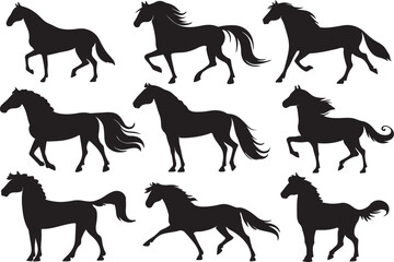 A set of hosre silhouette using flat solid black color design, vector illustration design on a white background.