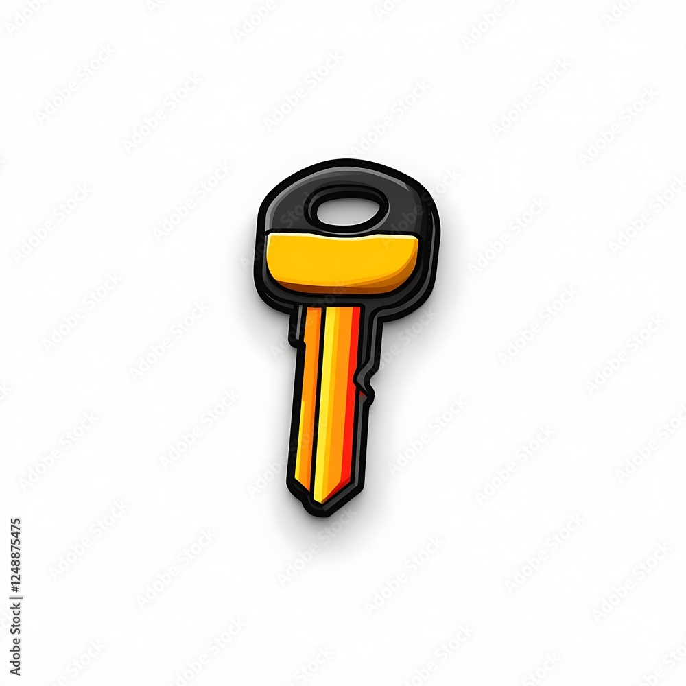 Poster cartoon style key with black handle and colorful stripe pattern on white background