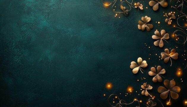 Dark green background adorned with delicate gold clover motifs and glowing accents