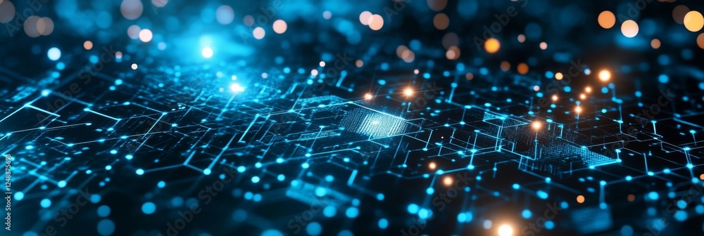 Poster abstract blue technology background with network connections, glowing lights and bokeh, 3d rendering