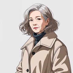 A senior woman neutral with wavy shoulder length hair wearing a winter wool coat in a anime hand drawing flat line design