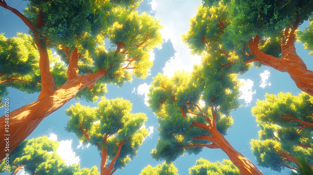 Poster polygonal trees stand in a stylized forest dappled with sunlight creating a whimsical and vibrant na