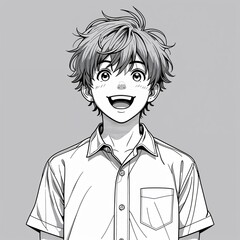 A teenage boy excited with tousled hair wearing a summer button up shirt in a anime hand drawing flat line design