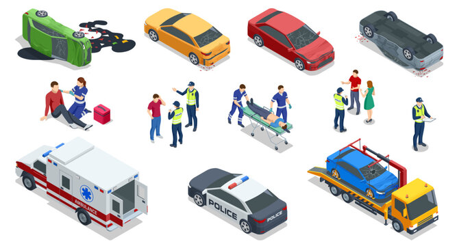 Isometric vector illustration showing an accident scene with an ambulance, police, injured victims, overturned cars, and authorities assessing the situation
