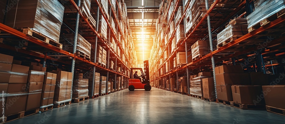 Aufkleber warehouse worker operates forklift, moving pallets efficiently through extensive aisles of stacked c