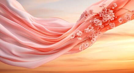 3D rendering of pink and white silk fabric with floral patterns on light orange gradient background