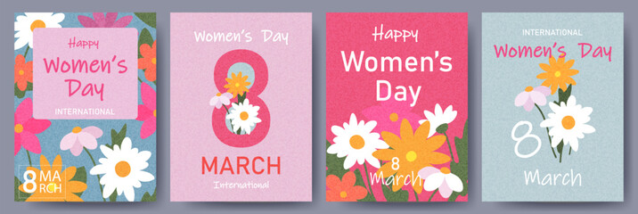 Set of spring posters or cards for Women's Day March 8 with wild flowers. Hand drawn floral frames and templates for spring holidays.