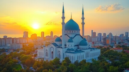Obraz premium Majestic Sunset over the White Mosque of Derbent, Russia