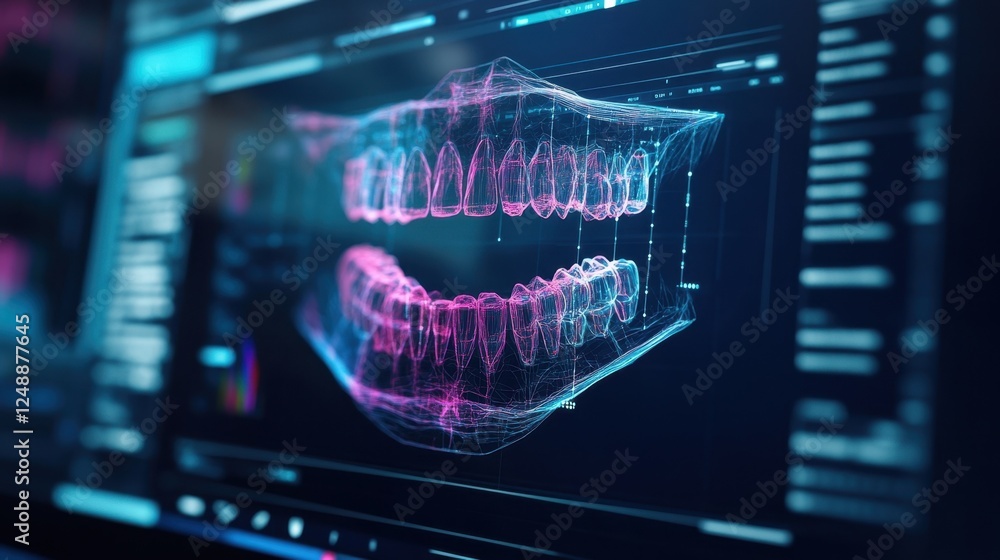 Poster high tech digital display showcasing a 3d wireframe model of human teeth on a computer screen, highl
