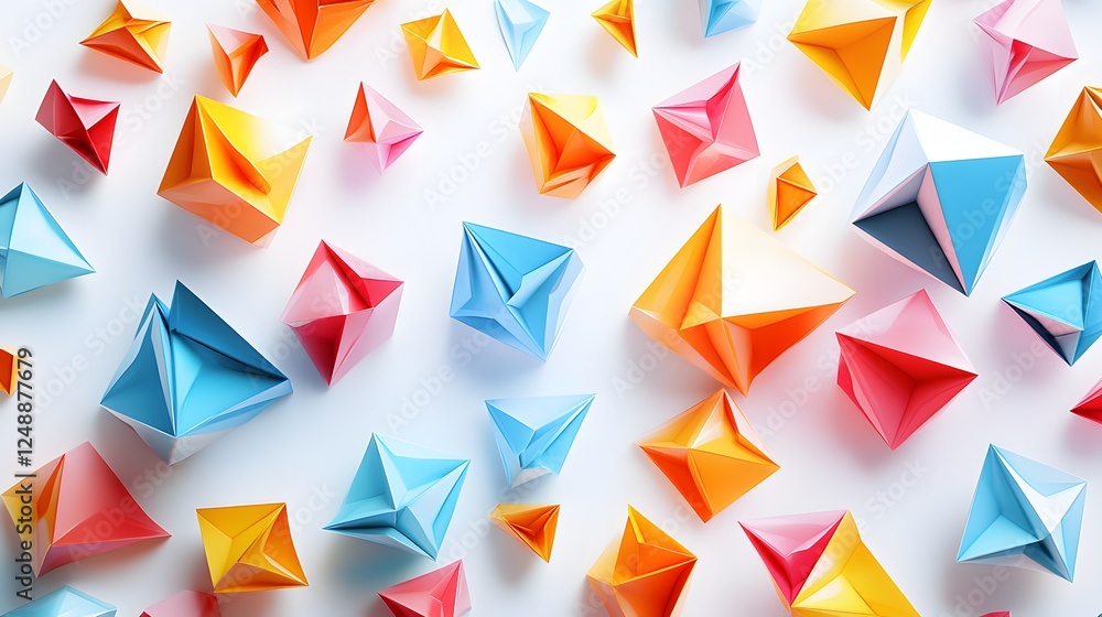 Poster polygonal elements colorful 3d shapes scattered on vibrant background with playful design and creati