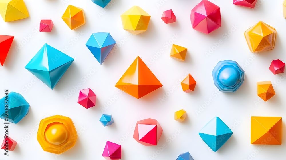 Poster polygonal elements colorful 3d shapes scattered on a vibrant background creating an abstract geometr