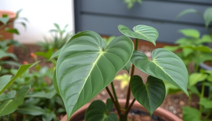 Obraz premium Philodendron plant growing in a garden. Dark green leaves, heart shape, minimalism. with white shades