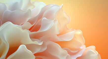 3D rendering of pink and white silk fabric with floral patterns on light orange gradient background