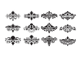 A collection uniquely designed decorative ornament borders in silhouette style. Each border features a centered dividing line for symmetry, with bold and fresh vector detailing. The white background