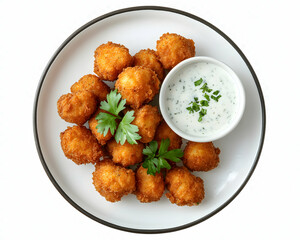 Fototapeta premium Golden Fried Mushroom Bites with Creamy Herb Dip, Delightful Appetizer, Presented on a Minimalist Plate, A Perfect Treat for Sharing