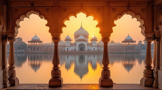 Sunrise over the serene beauty of the Hussainabad Imambara in Lucknow, India. A breathtaking view framed by elegant arches, capturing the tranquil reflection of the architecture in the still waters.