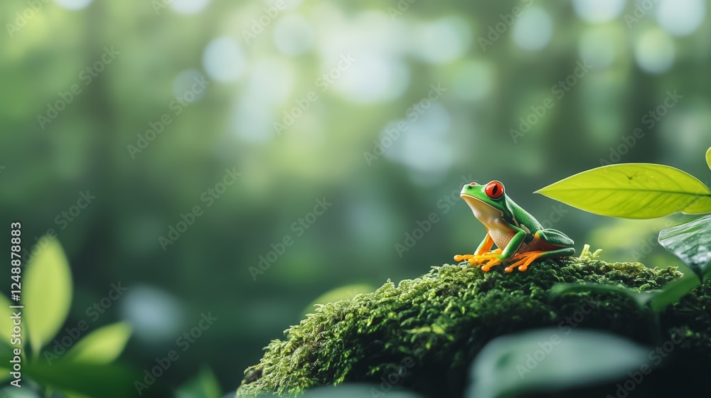 Poster red eyed tree frog perched on a mossy surface in a vibrant green forest, enjoying the sunlight filte