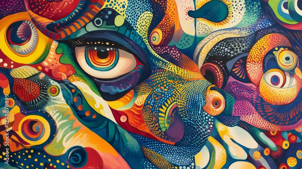 Poster colorful abstract mural featuring intricate patterns and a vivid eye on a large wall in an urban set