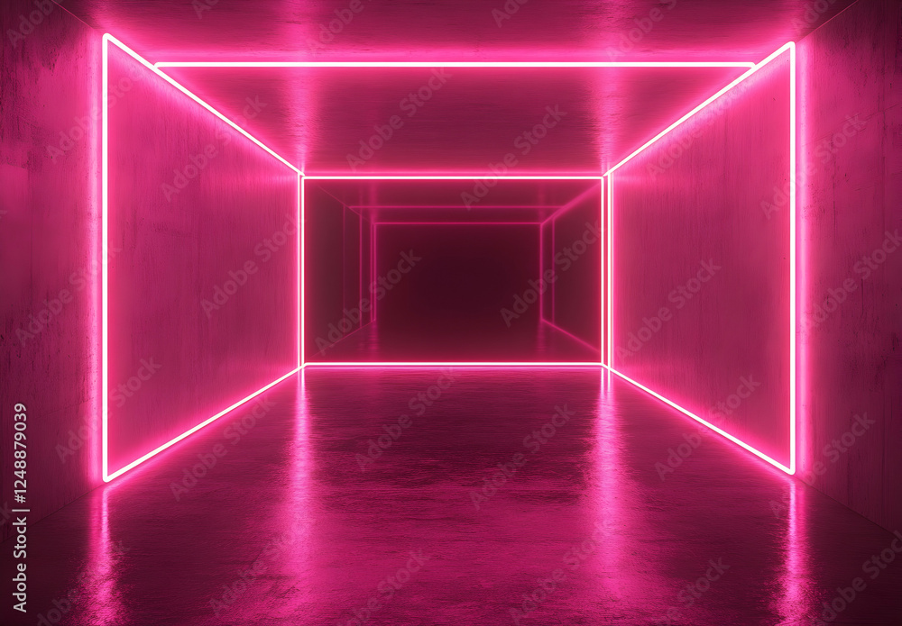 Poster illuminated pink neon geometric frames stretching into the dark distance creating an infinite perspe