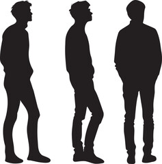 Peoples wearing jeans and pants in standing and hands into the pockets, front and side view, using flat solid black color design, vector illustration design on a white background.