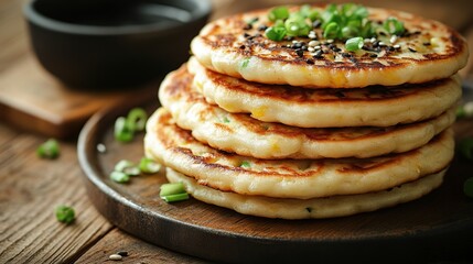 Delicious corn pancakes, rustic wood table, soy sauce, spring onions