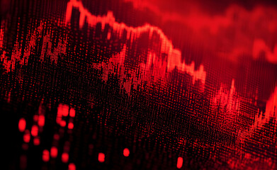 Abstract depiction of volatile market trends visualized with deep crimson digital graphs and pixelated matrix, signifying economic downturn