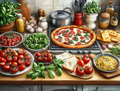 Cartoon food image: a vibrant kitchen featuring multiple prepared foods and ingredients.