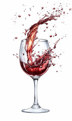 Elegant wine glass illustration with a vibrant splash of red wine on a clean white backdrop showcases the drink's dynamic movement