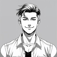 A young adult man beaming with slicked back hair wearing a summer tank top and sunglasses in a anime hand drawing flat line design