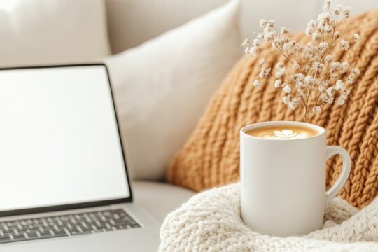 cozy workspace with laptop and coffee