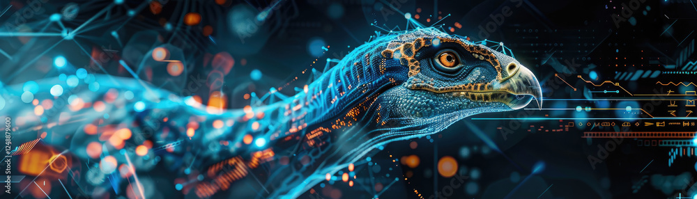 Poster futuristic digital evolution of a bird virtual world -tech environment close-up view artificial inte