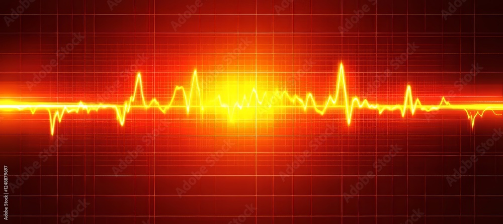 Poster glowing red heart rate monitor display with vibrant sharp waveform on a grid background, no blur