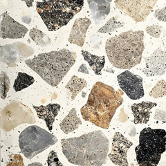 Fototapeta premium Close-up showcasing a sophisticated terrazzo texture, blending various stone fragments within a creamy white background for a modern and elegant aesthetic