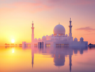 Fototapeta premium Majestic mosque reflecting in tranquil water under a serene sunset, capturing spiritual grandeur and architectural elegance in Abu Dhabi