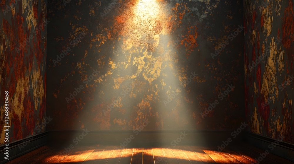 Poster polygon rendering focuses on intricately detailed room with ceiling light illuminating geometric sha